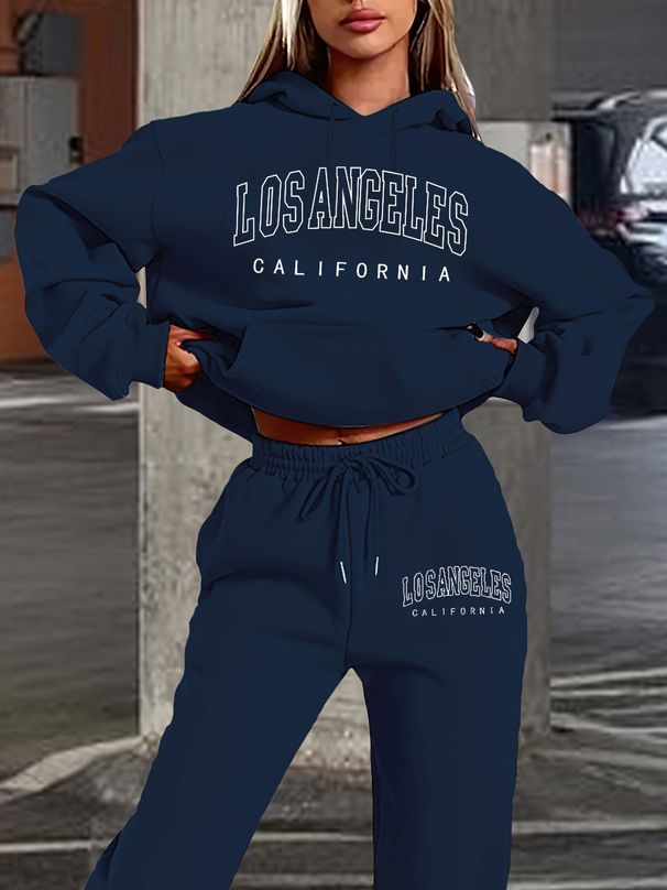 Women's Autumn And Winter Fashion Casual Los Angeles Letter Pattern Print Thickened And Plush Warm Hooded Sweatshirt+sports Pants Set-803_ecoleips.com