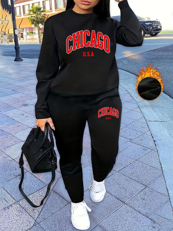 Women's Autumn And Winter Hip-hop Casual Street CHICAGO USA Letter Printed Round Neck Sweatshirt+sweatpants Set-484_ecoleips.com