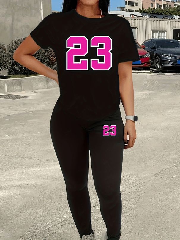 Women's Casual Loose Fashion Number 23 Print Loose T-shirt+cropped Pants Two-piece Set Home Sportswear Daily Wear-269_ecoleips.com
