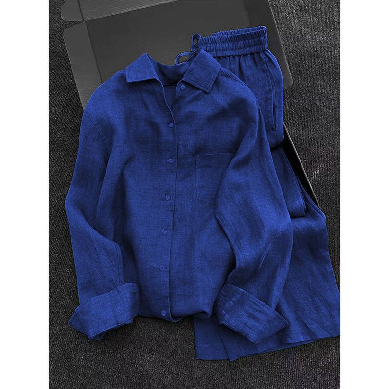 Navy Blue Two Piece Set For Women Summer Cool And Stylish Outfit Relaxed Fit Fashionable Shirt Wide Leg Pants_ecoleips.com