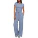Women's Ruffle Detail Short Sleeve Top And Wide Leg Pants Set Casual Summer Two-Piece Outfit Soft Knit Fabric_ecoleips.com