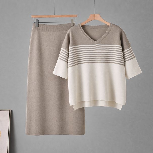 Women's Striped V-Neck T-Shirt And Skirt Set Short-Sleeved Knit Two-Piece Casual Fashion Outfit for Summer_ecoleips.com