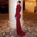 Women's High Neck Long Sleeve Skirt Floor Length Fishtail European American Style Padded Shoulders Gathered Hips_ecoleips.com