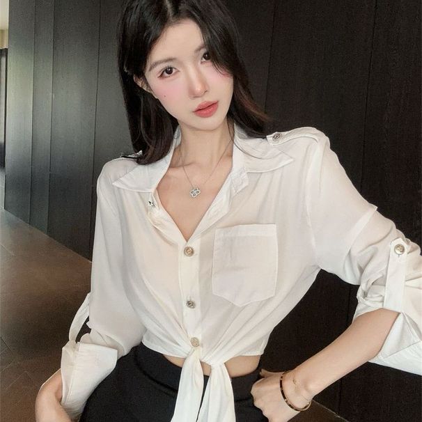 Purely Sexy And Alluring Outfit For Women: Waist-cinching, Tie-waist, Solid White Shirt + Black Short Skirt With_ecoleips.com