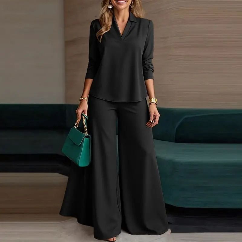 Elegant Women's Two-Piece Pant Set - V-Neck Long Sleeve Top & Wide-Leg Pants For Office & Casual Wear_ecoleips.com