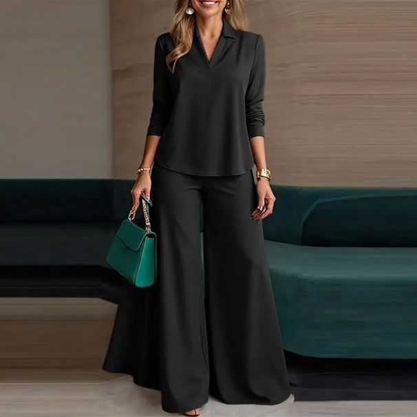 Elegant Women's Two-Piece Pant Set - V-Neck Long Sleeve Top & Wide-Leg Pants For Office & Casual Wear_ecoleips.com