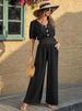 K Women's Jumpsuit Buttoned Short Sleeved V-neck Neck Pleated Jumpsuit Casual Wide Leg Pants_ecoleips.com