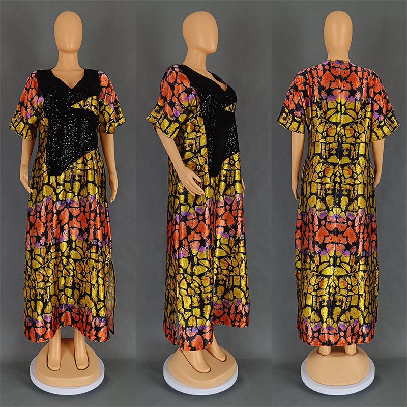 Women's Clothing Velvet Sequined Print Loose Long Robe Ethnic Style Crystal Satin Dress_ecoleips.com