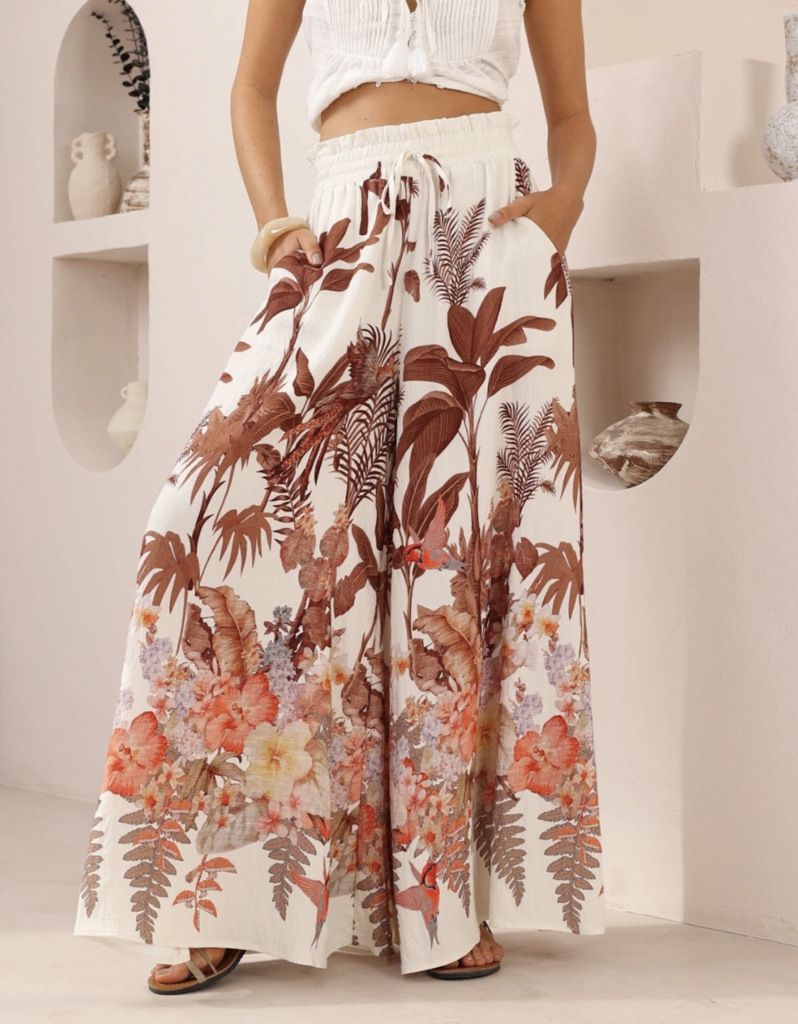 Women's Clothing Boho Leaf-Print Palazzo Pants – Flowy Wide-Leg Trousers For Women (S-XL, Polyester)_ecoleips.com
