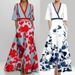 Women's Elegant Temperament V-Neck Printed Pleated Large Skirt Long Dress Fashion Style New_ecoleips.com