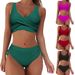 Women's Clothing Swimsuit Split Bikini Solid Color Cross Straps High Waist Swimsuit_ecoleips.com