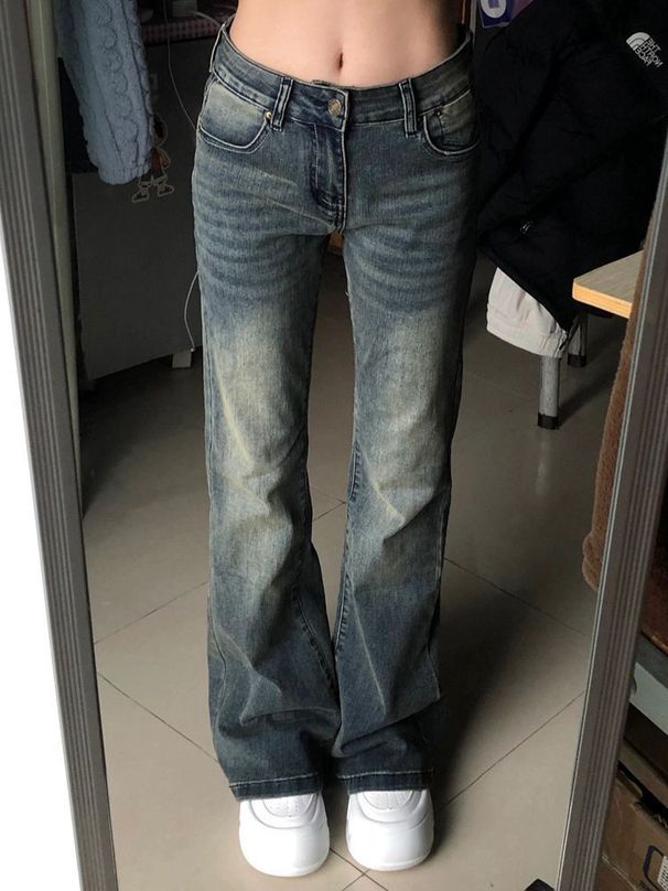 American Retro Women's Jeans Spring Autumn Spicy Girl High Street High Waist Slim Wide Leg Floor Length Horseshoe Pants_ecoleips.com