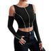Voya Women's 2026 New Slim Fit Short Style With Exposed Stitching, Contrasting Colors, Sexy Off Shoulder Long Sleeved T-shirt_ecoleips.com
