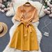 Elegant Temperament Striped Lapel Short Sleeve Dress Women Summer New Style Waist Temperament All Match A Line Skirt_ecoleips.com