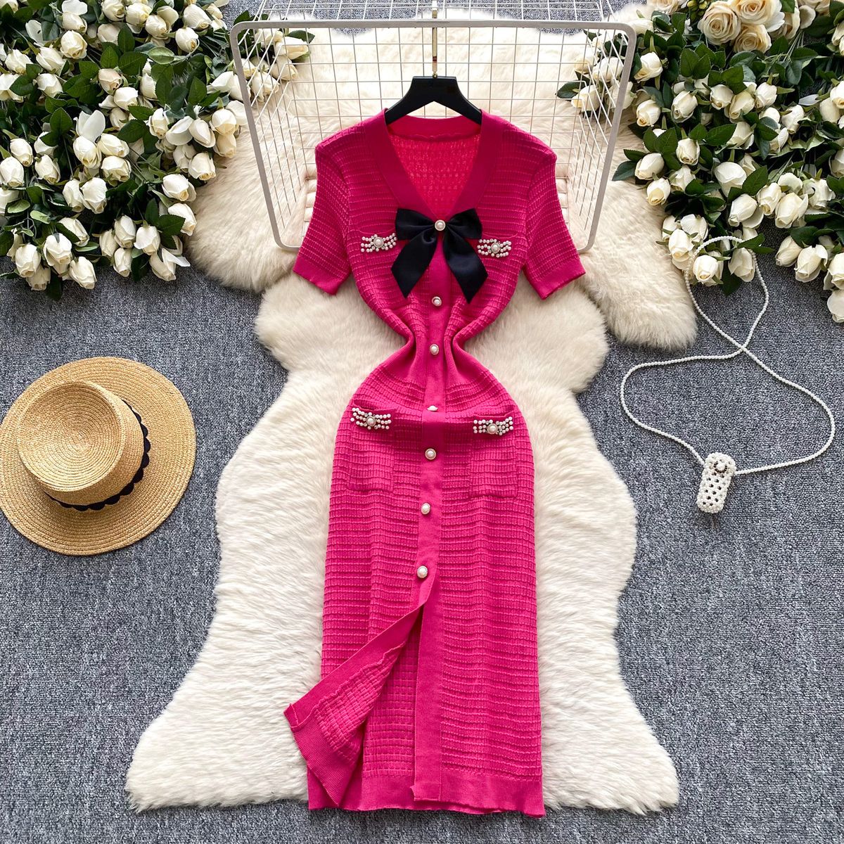 Women's Clothing V Neck Knitted Dress Bowknot Diamond Studded Slim Fit Design Beautiful Long Skirt_ecoleips.com
