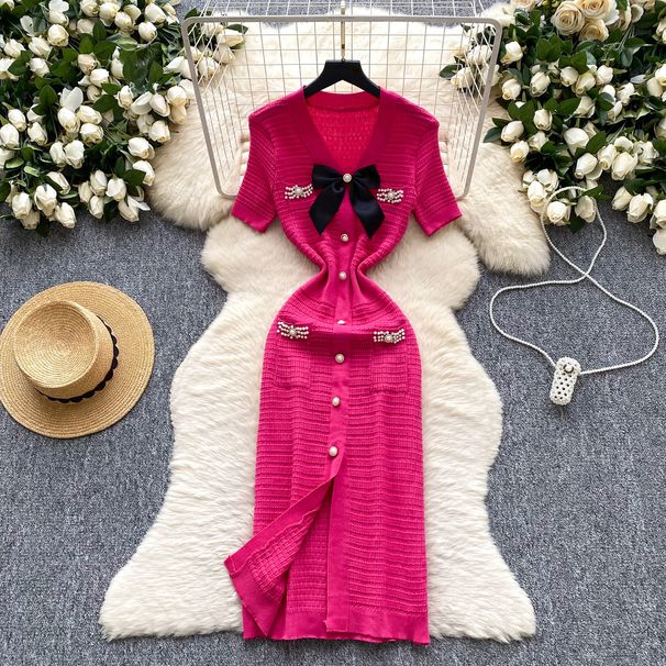 Women's Clothing V Neck Knitted Dress Bowknot Diamond Studded Slim Fit Design Beautiful Long Skirt_ecoleips.com