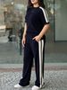 Women's Color Block Two Piece Set Casual Crew Neck Short Sleeve T-Shirt And Straight Leg Pants_ecoleips.com