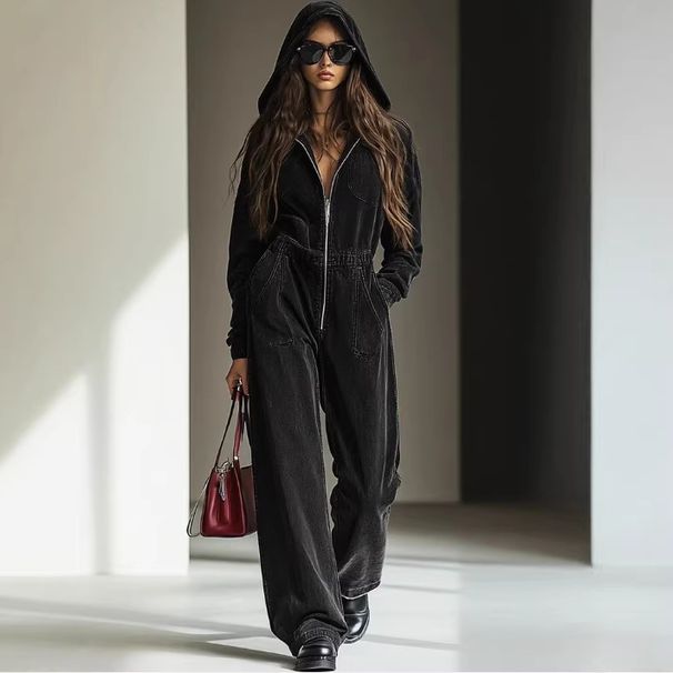 Retro Relaxed Jumpsuit With Hood & Drawstring Waist – Oversized Denim-Look Romper (S-2xl) Gender-Neutral Appeal_ecoleips.com