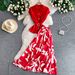 Lady Chic Notch Lapel Slim-Fit Round Neck Top And High-Waist Floral Print Midi Dress 2-Piece Set Elegant Floral Print_ecoleips.com