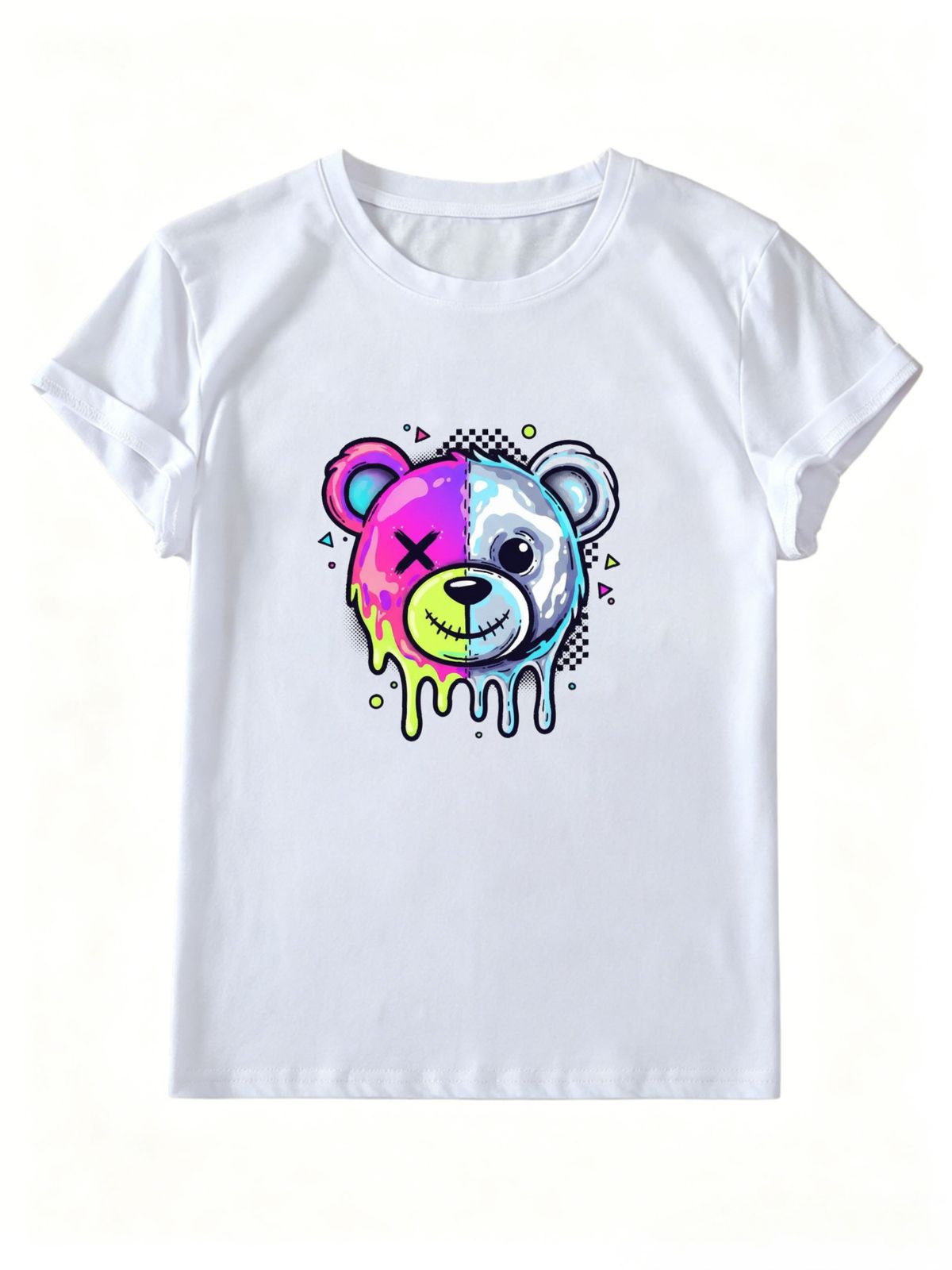 Women Crew Neck Short Sleeve T Shirt Drip Split Bear Graphic Tee Harajuku Punk Grunge Y2K Loose Casual Streetwear Summer Tops_ecoleips.com