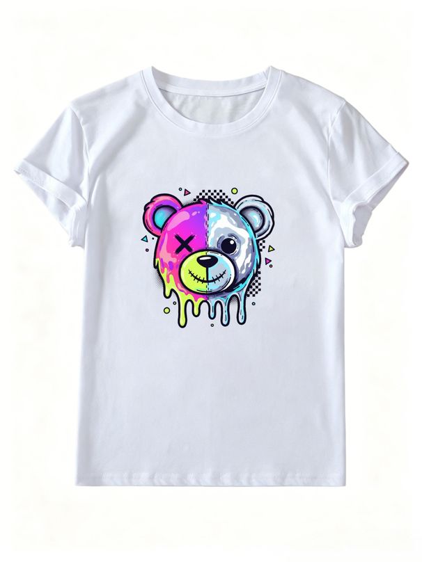 Women Crew Neck Short Sleeve T Shirt Drip Split Bear Graphic Tee Harajuku Punk Grunge Y2K Loose Casual Streetwear Summer Tops_ecoleips.com
