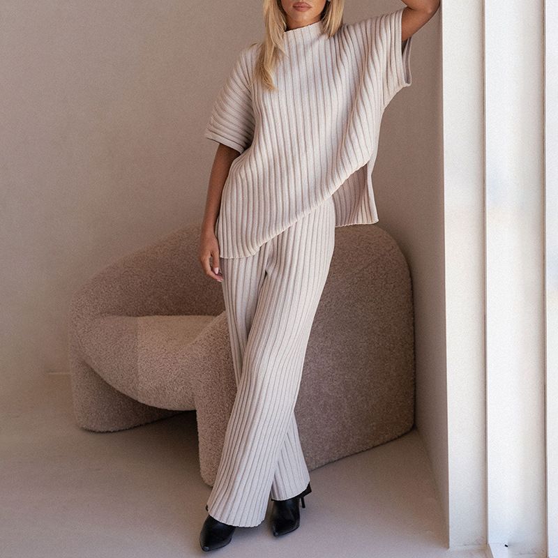 "Autumn-Winter Knit Lounge Set – Relaxed Dolman Sleeve Top & Wide-Leg Pants_ecoleips.com