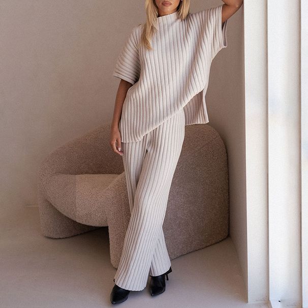 "Autumn-Winter Knit Lounge Set – Relaxed Dolman Sleeve Top & Wide-Leg Pants_ecoleips.com