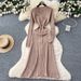 Elegant Waist-Cinching Knit Dress With Metal Buckle Detail, Long Sleeve Bodycon Dress With Lace Trim, Flattering Figure-Hugging Design For Women_ecoleips.com