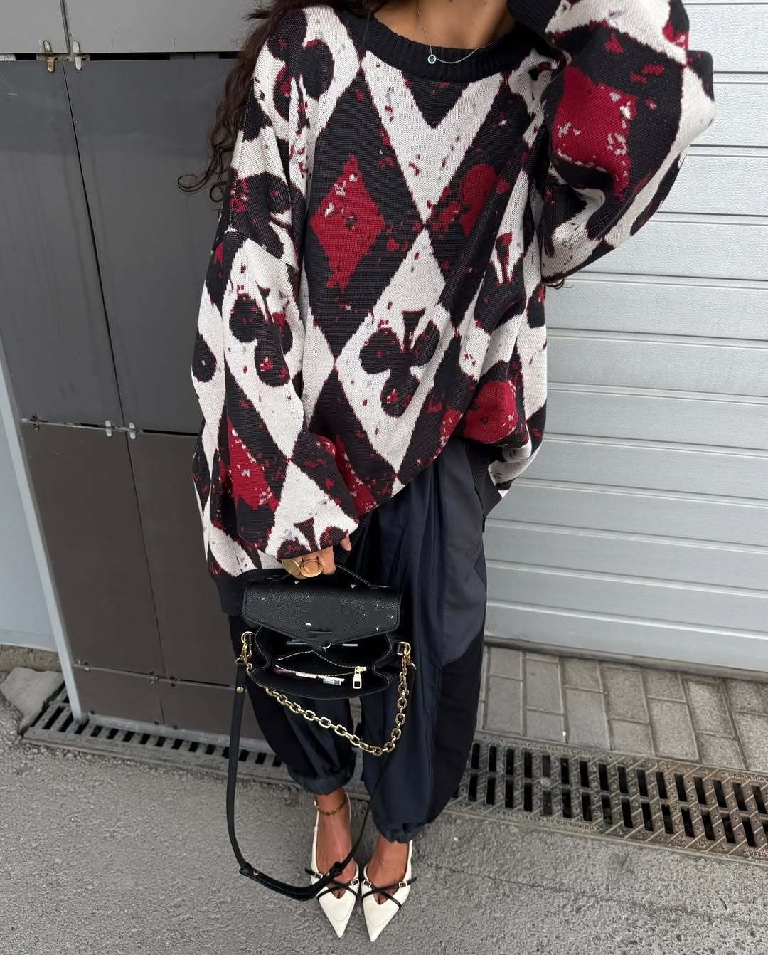 Retro Knit Sweater Women's Oversized - Black & Red Diamond Pattern (60% Cotton, Soft Crewneck) Vintage-Inspired Cozy Pullover For Fall/Winter_ecoleips.com