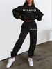 Women's Autumn And Winter Casual Fashion MILANO ITALY Letter Printed Thick Fleece Warm Hooded Sweatshirt+sports Pants Set-733_ecoleips.com