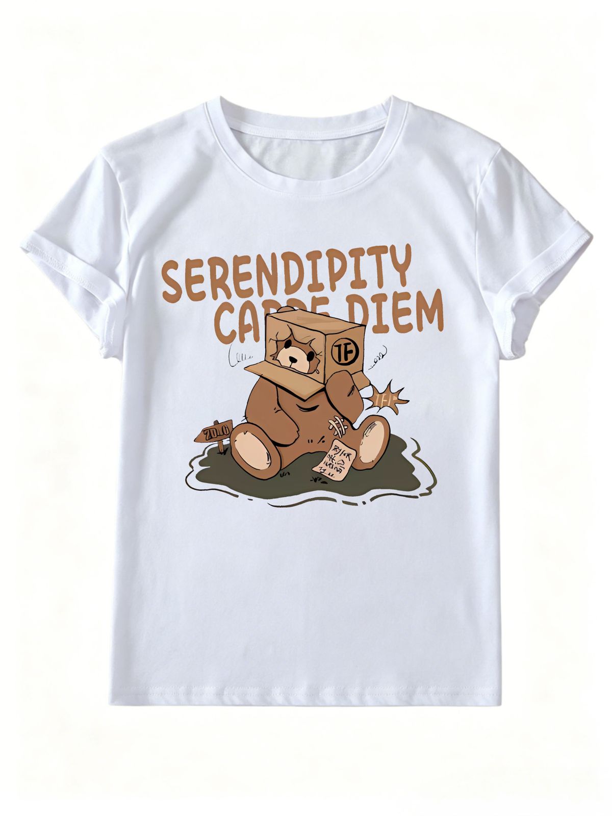 Women Cute Box Teddy Bear Serendipity Carpe Diem Letter Graphic T Shirt Round Neck Short Sleeve Loose Casual Summer Tops_ecoleips.com