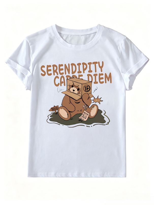 Women Cute Box Teddy Bear Serendipity Carpe Diem Letter Graphic T Shirt Round Neck Short Sleeve Loose Casual Summer Tops_ecoleips.com