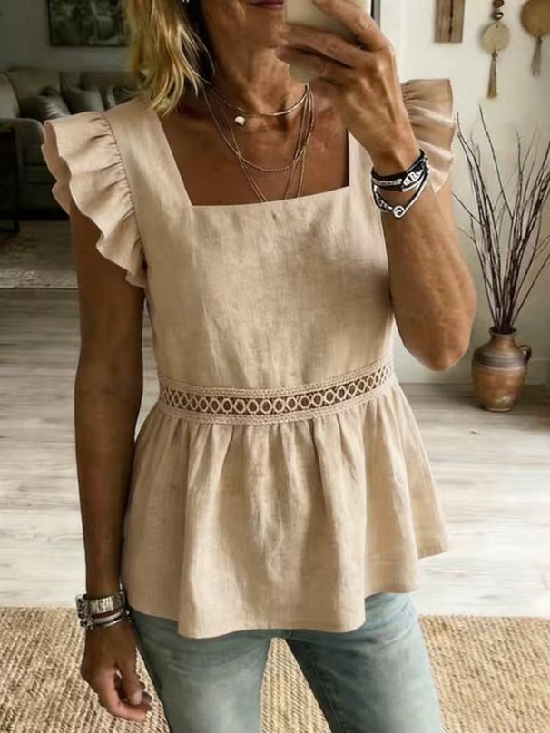 Summer New Style Women's Square Neck Casual Ruffle Sleeve Sleeveless Design Shirt American Clothing For Women_ecoleips.com