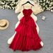 Red Strapless Resort Style Dress for Women High End Feel Pleated Waist French Style Irregular Ruffled Hem_ecoleips.com