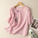 Short-Sleeved Shirt For Women, Embroidered Design; Loose Fit With A Literary And Retro Style; Made From Cotton-Linen Fab_ecoleips.com