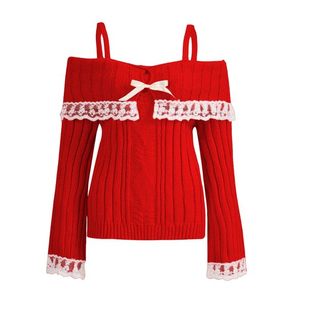 Women's Clothing Lace One Shoulder Sling Knit Sweater_ecoleips.com
