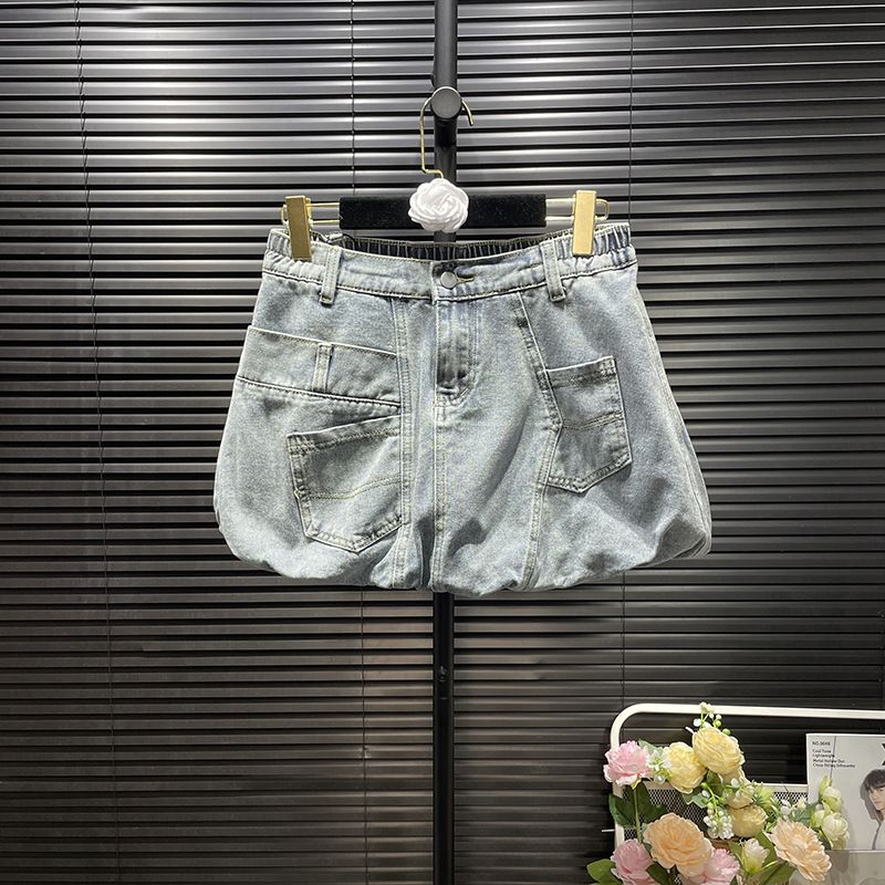 Vintage Wash Denim A-Line Puff Skirt Multi-Pocket Distressed Light Blue Mini Skirt for Street Style Women's Bottoms_ecoleips.com