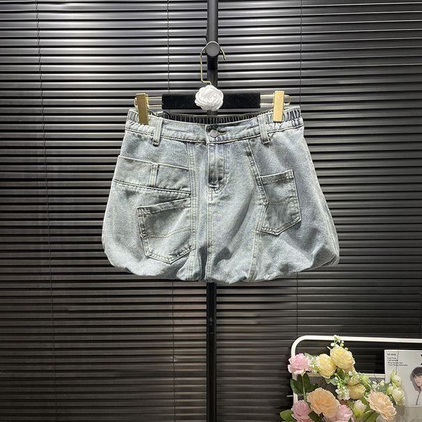 Vintage Wash Denim A-Line Puff Skirt Multi-Pocket Distressed Light Blue Mini Skirt for Street Style Women's Bottoms_ecoleips.com