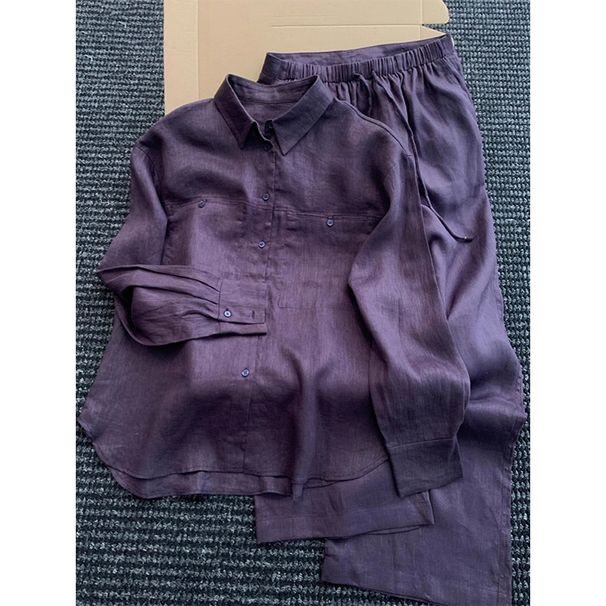 Women's Clothing Light Luxury Purple Ramie Suit Female Spring And Autumn French Long Sleeved Shirt Top Linen Wide Leg Pants Two Piece Suit_ecoleips.com