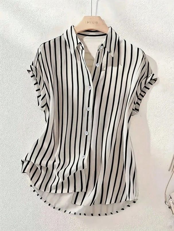 Women's Summer Striped Shirt Short Sleeve Elegant Loose Fitting Versatile Fashionable Top_ecoleips.com
