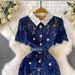 Elegant Lace Trimmed Lapel Dress Sophisticated Metal Buckle Autumn Perfect_ecoleips.com