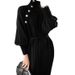 Women's Belted High-Neck Knit Dress – A-Line Long Sleeve Sweater Dress – Japanese Minimalist Style (One Size Fits S-L)_ecoleips.com