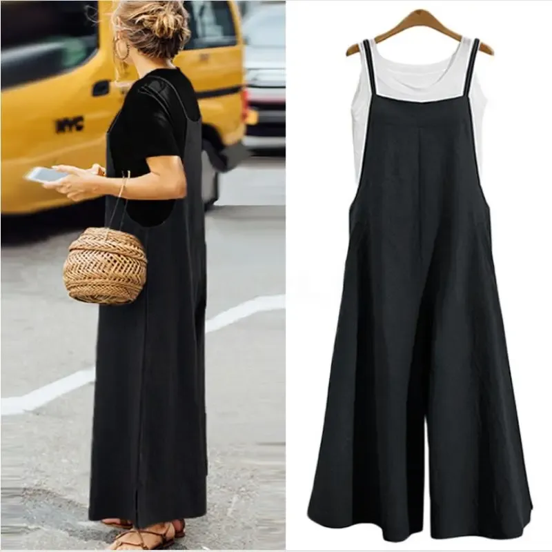 Women's Summer Sleeveless Jumpsuit Solid Color Wide Leg Bib Overalls Casual Loose Cotton Linen Straps Dungaree_ecoleips.com