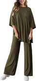 2026 Autumn Solid Color Comfortable Loose Short-Sleeve Top And Long Pants Set With Side Pockets Summer Women's_ecoleips.com