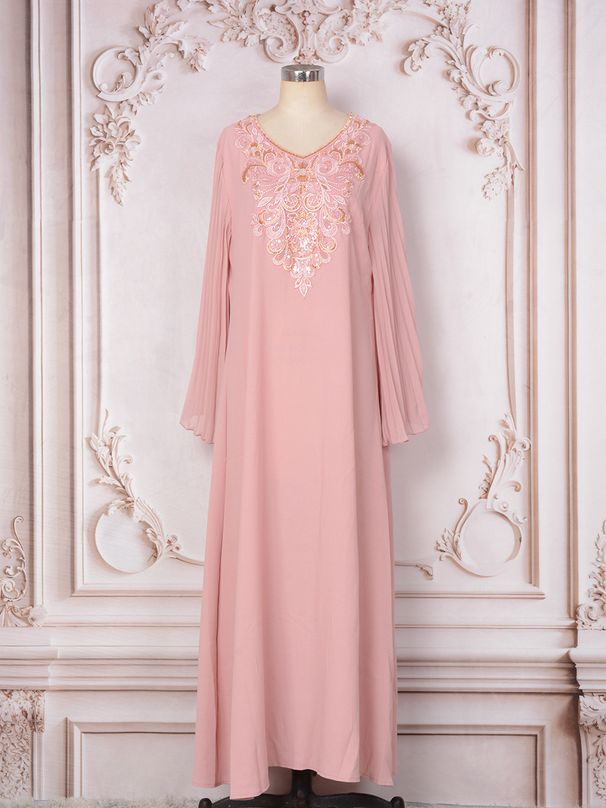 MT340 Women's Embroidered Long Dress Elegant Rhinestone Detail Cross Border Foreign Trade Style Muslim Fashion Clothing_ecoleips.com