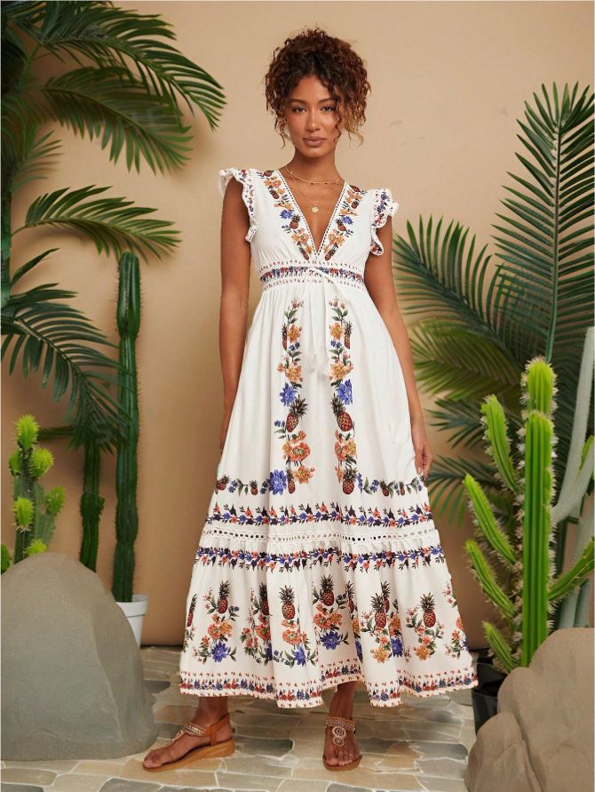 Women's Clothing Travachic Women's Holiday Print V Neck Cap Sleeve Dress_ecoleips.com