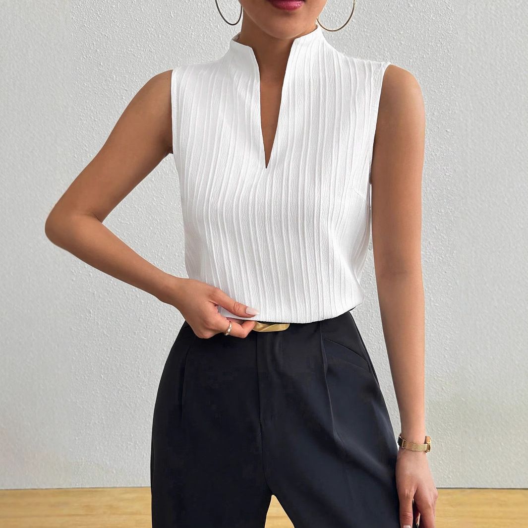 Women's Slim Fit V-Neck Textured Sleeveless Top – Breathable Polyester Blend T-Shirt For Casual & Office Wear_ecoleips.com