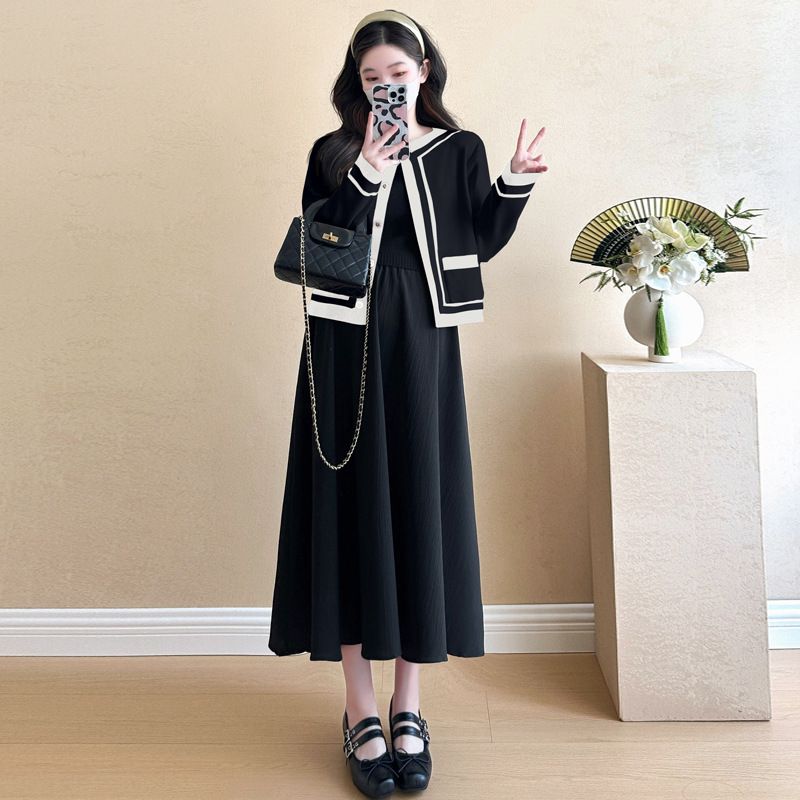 Maternity Wear 2025 Autumn New Korean Version Fashion Long-sleeved Color Matching Top Jacket Thin Vest Dress Two-piece Set_ecoleips.com