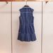 Women's Denim Pleated Dress - Sleeveless Single-Breasted With Beaded Lapel (Spring/Summer Light Mature Style)_ecoleips.com