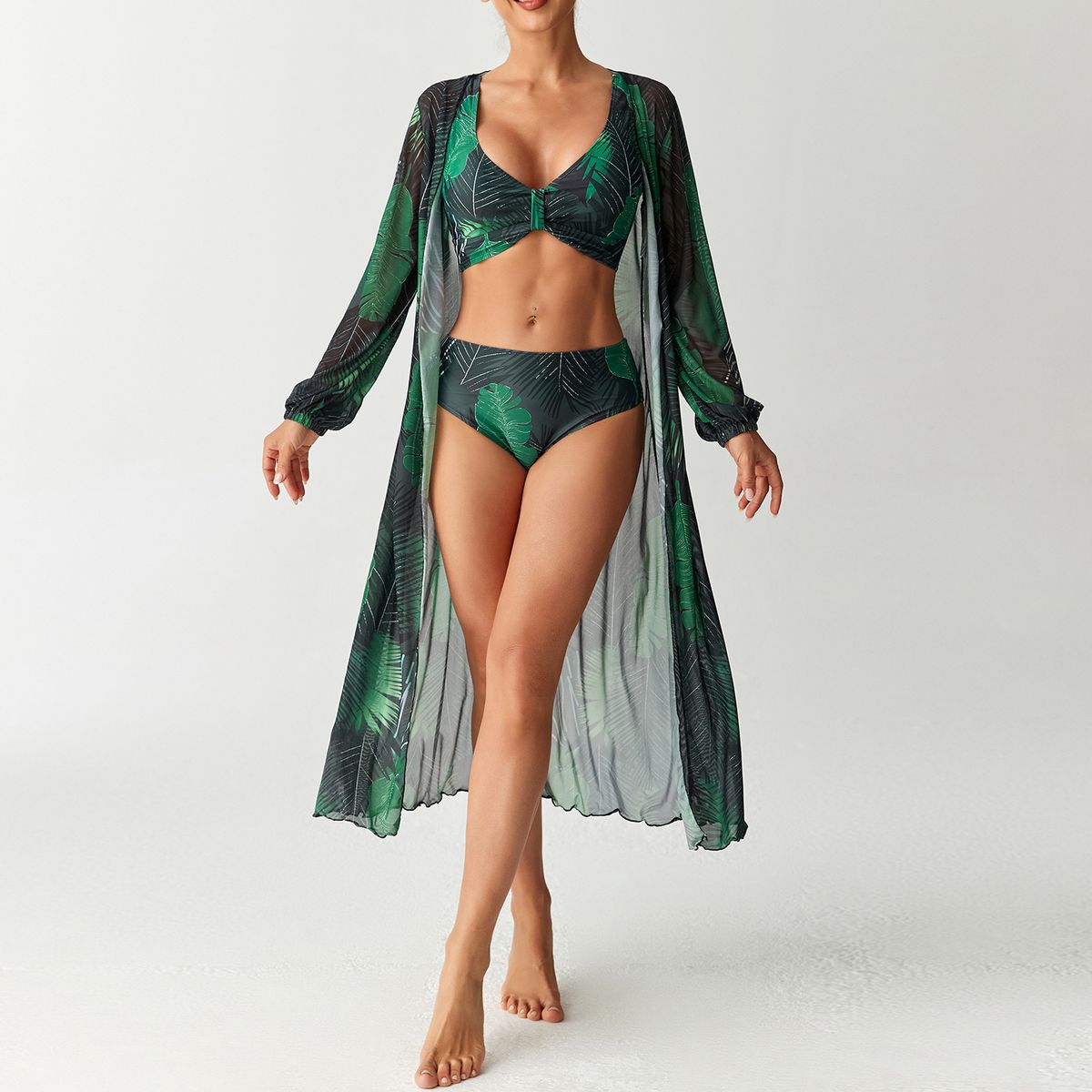 Women's High-Waist Swimwear Set – Long Sleeve Rashguard + Bikini Top + Bottoms (UPF 50+ Sun Protection, S-XL, Tropical Print)_ecoleips.com